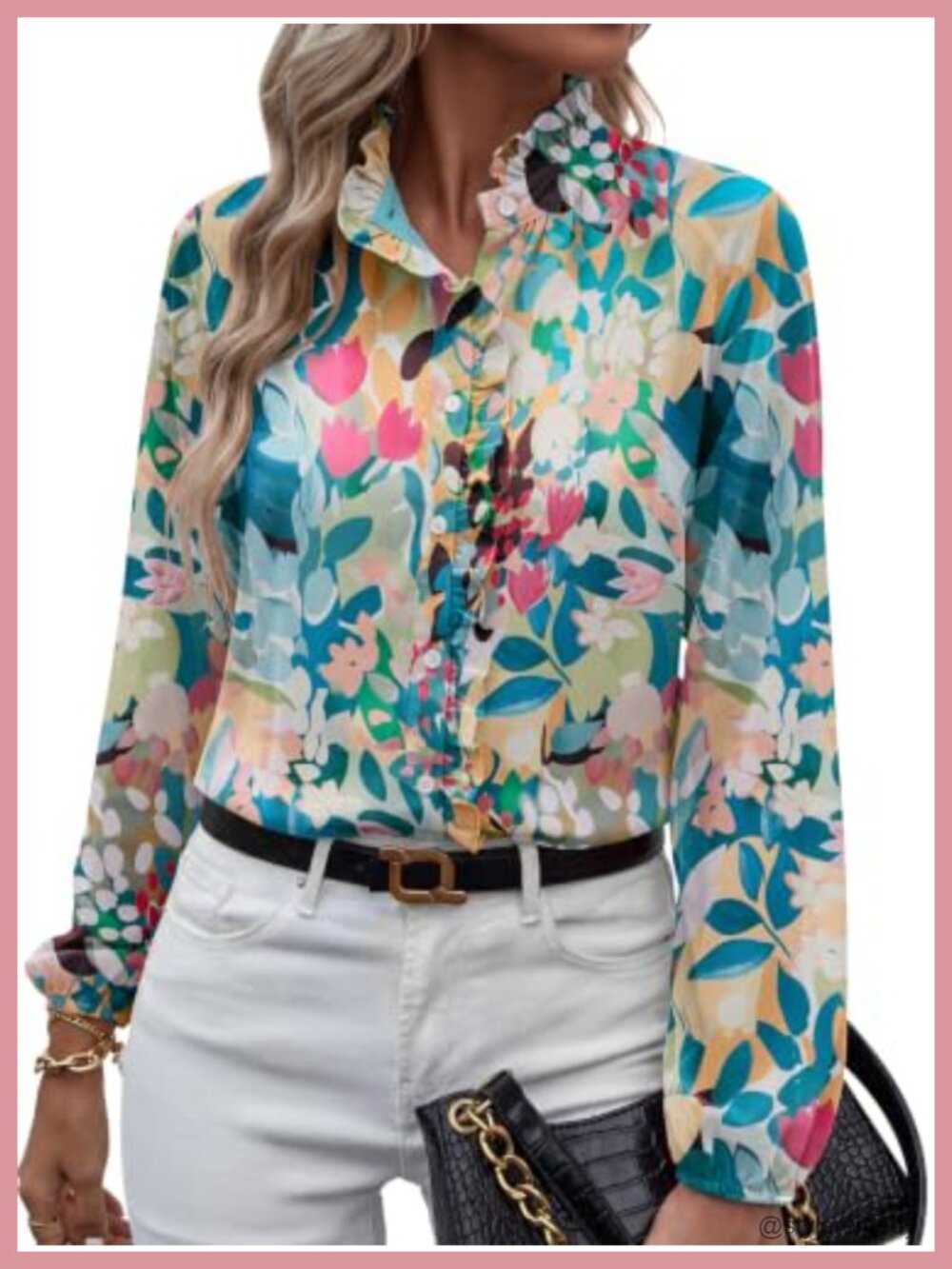 Chiffon Floral Button-Down Blouse Ruffle V-Neck Long Sleeve Dressy